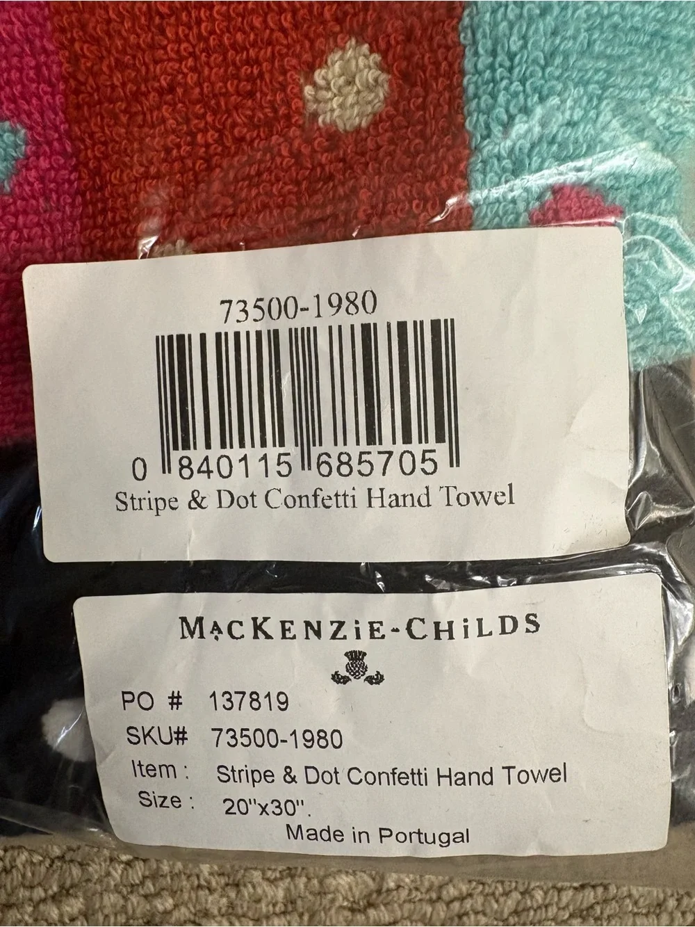 MacKenzie-Childs Hand Towel in Turquoise, Red, White and Black Confetti Stripe